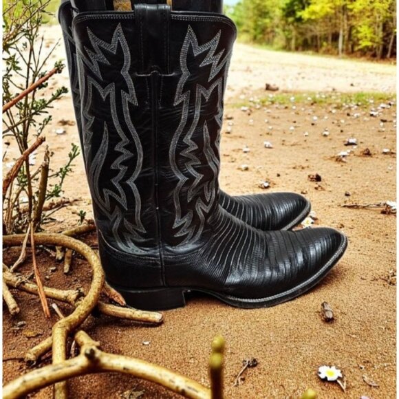 VINTAGE JUSTIN BLACK LEATHER COWBOY BOOTS SIZE 7.5 D WESTERN STYLE 9073 USA - Picture 1 of 14